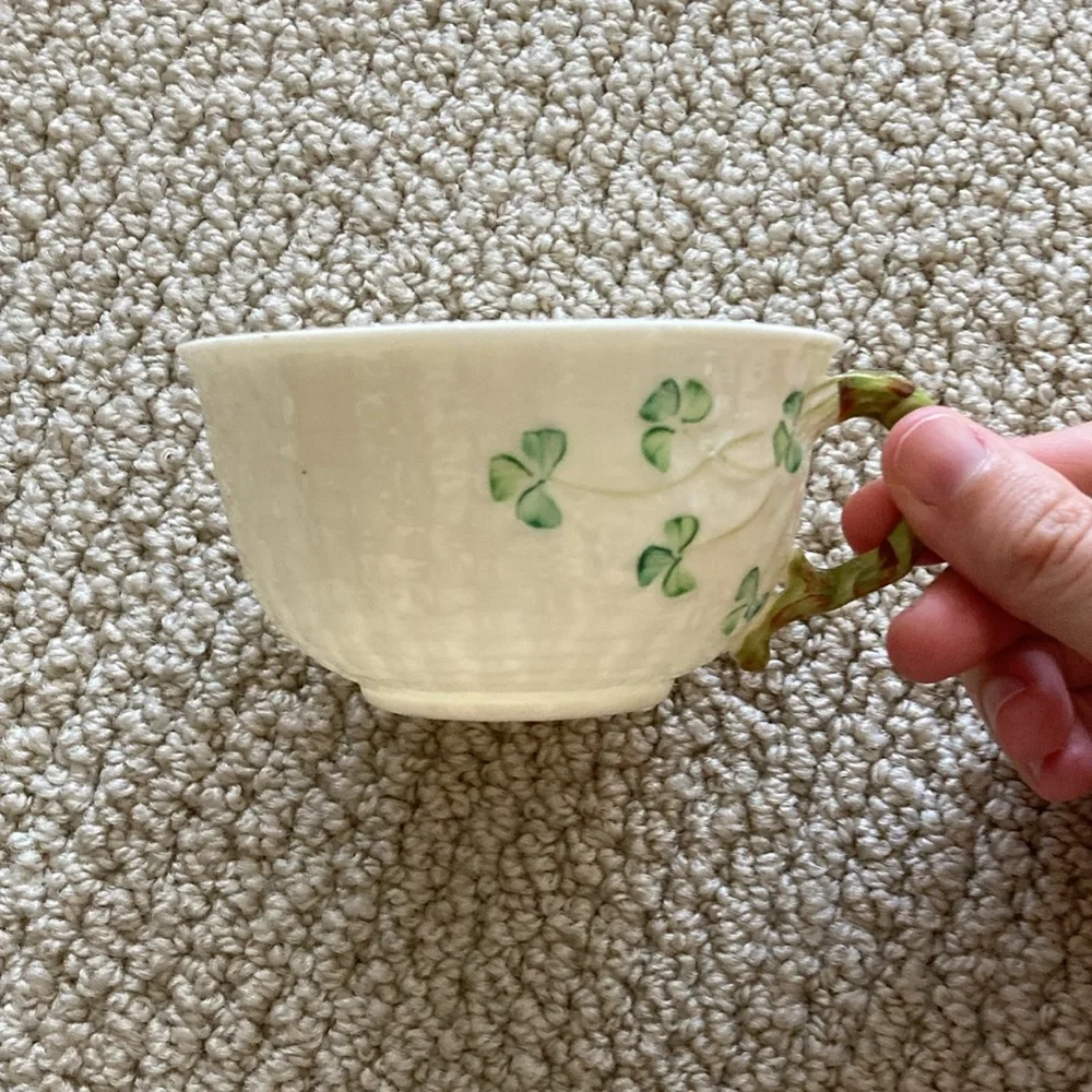 Belleek Small Tea Cup Saucer Green Cream Setting Vintage Ireland Like New